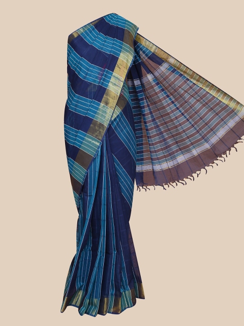 

The Chennai Silks Blue & White Striped Zari Pure Cotton Fusion Kanjeevaram Saree