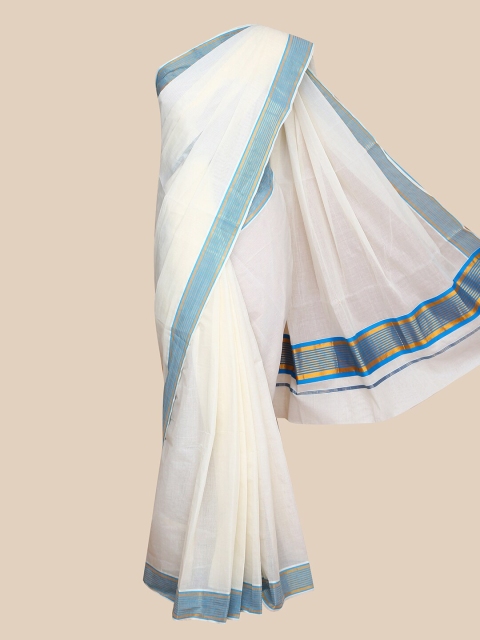 

The Chennai Silks Off White & Blue Pure Cotton Kerala Kasavu Saree