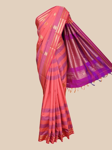

The Chennai Silks Coral & Purple Ethnic Motifs Beads and Stones Art Silk Saree