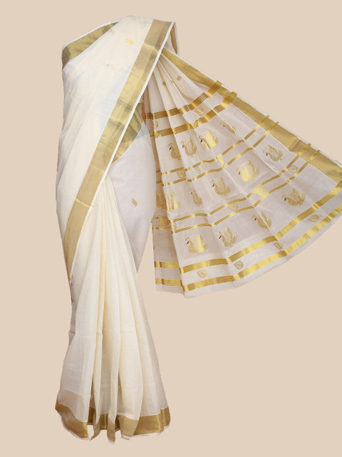

The Chennai Silks Off White & Gold-Toned Ethnic Motifs Pure Cotton Kasavu Saree