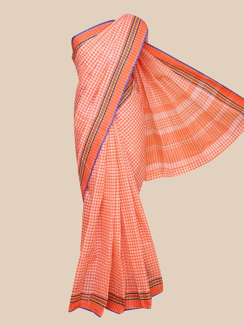 

The Chennai Silks Orange & Purple Checked Pure Cotton Taant Saree