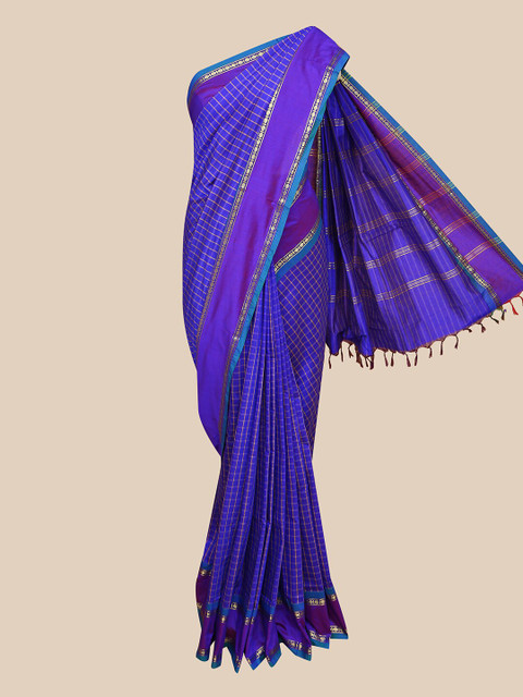 

The Chennai Silks Blue & Gold-Coloured Checked Kalyani Saree