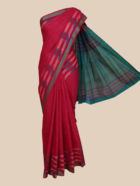 

The Chennai Silks Maroon & Green Checked Pure Cotton Fusion Saree
