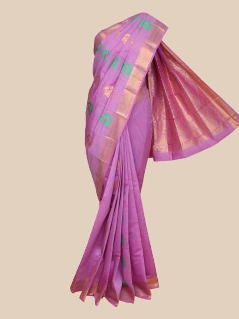 

The Chennai Silks Purple & Gold-Toned Floral Zari Silk Cotton Maheshwari Saree