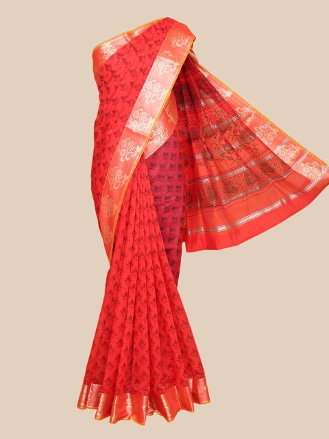 

The Chennai Silks Red & Gold-Toned Floral Zari Chanderi Saree