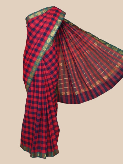 

The Chennai Silks Pink & Blue Checked Pure Cotton Zari Border Saree