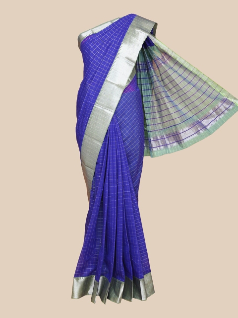 

The Chennai Silks Blue & Silver-Toned Checked Zari Silk Cotton Maheshwari Saree