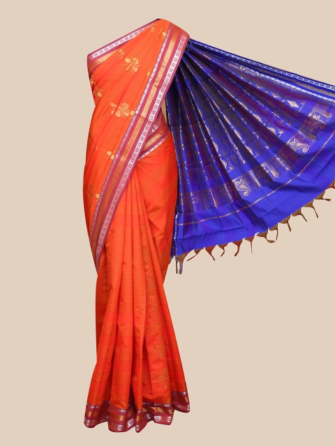

The Chennai Silks Orange & Blue Ethnic Motifs Zari Art Silk Saree
