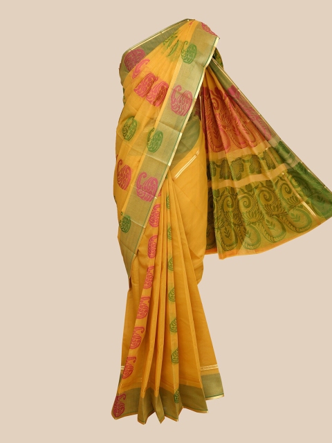 

The Chennai Silks Mustard & Green Woven Design Silk Cotton Fusion Maheshwari Saree