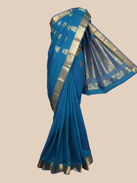 

The Chennai Silks Blue & Gold-Toned Ethnic Motifs Zari Silk Cotton Maheshwari Saree
