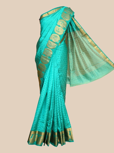 

The Chennai Silks Sea Green & Gold-Toned Ethnic Motifs Jute Cotton Saree
