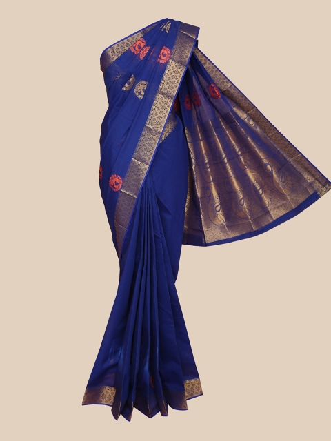 

The Chennai Silks Navy Blue & Gold-Toned Woven Design Silk Cotton Fusion Maheshwari Saree