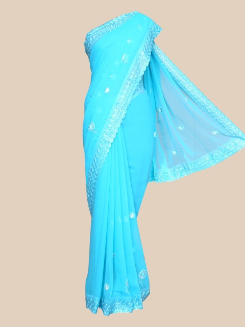 

The Chennai Silks Turquoise Blue & White Ethnic Motifs Embroidered Saree