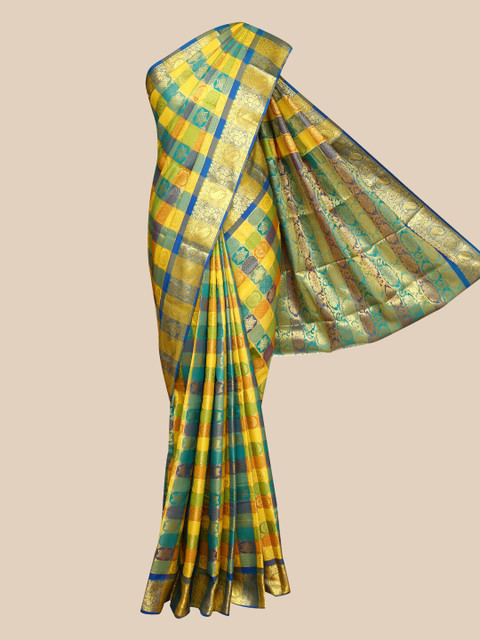 

The Chennai Silks Yellow & Blue Checked Art Silk Fusion Saree