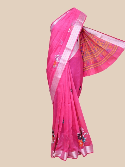 

The Chennai Silks Pink & Orange Floral Embroidered Chanderi Satin Patta Saree