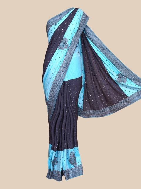 

The Chennai Silks Navy Blue & Turquoise Blue Floral Sequinned Heavy Work Saree