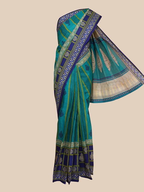 

The Chennai Silks Green & Blue Ethnic Motifs Printed Pure Cotton Fusion Saree