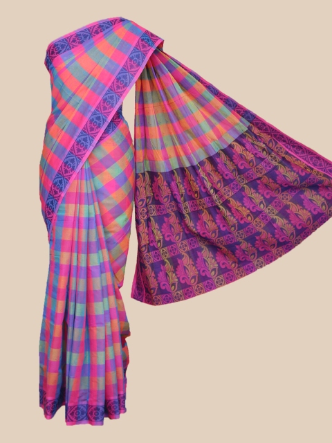 

The Chennai Silks Pink & Blue Checked Pure Cotton Kovai Saree