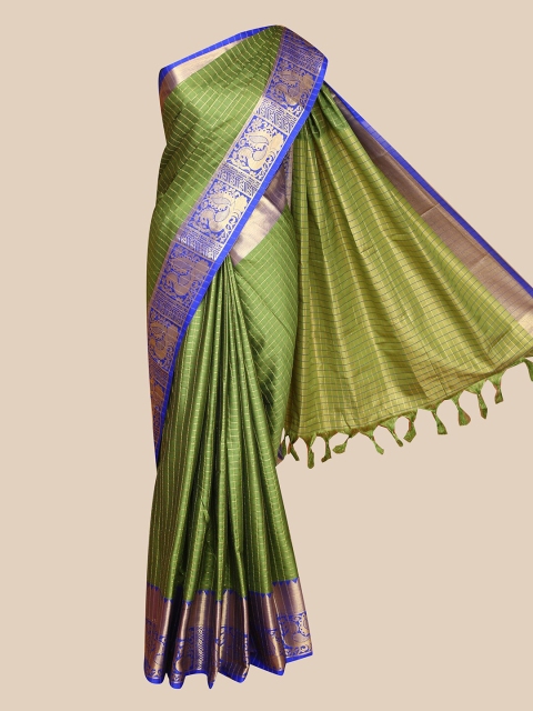 

The Chennai Silks Olive Green & Blue Checked Zari Saree