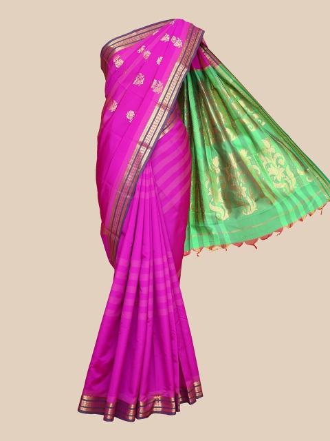 

The Chennai Silks Magenta Pink & Green Ethnic Motifs Zari Art Silk Saree