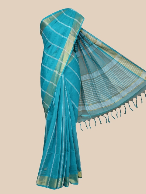 

The Chennai Silks Green & White Striped Pure Cotton Fusion Kanjeevaram Saree