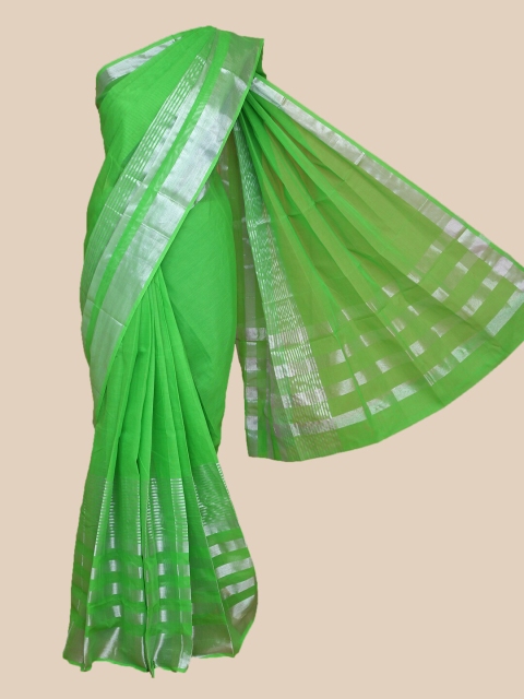 

The Chennai Silks Green & Silver Striped Pure Cotton Satin Patta Saree