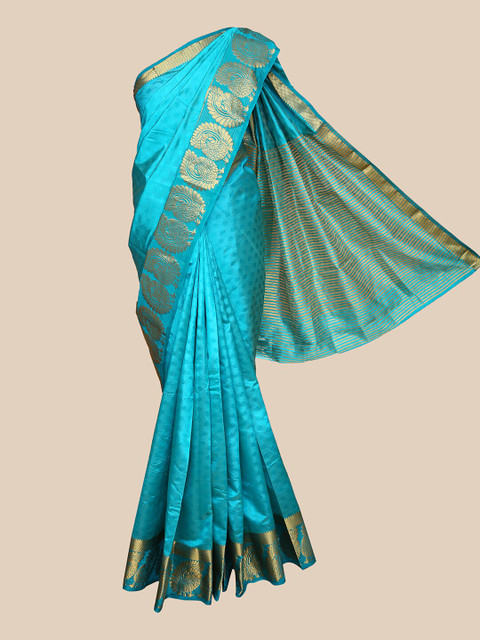 

The Chennai Silks Turquoise Blue & Gold-Toned Floral Jute Cotton Saree