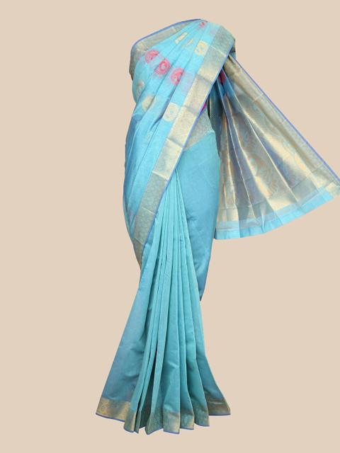 

The Chennai Silks Blue & Gold-Toned Woven Design Zari Silk Cotton Fusion Maheshwari Saree