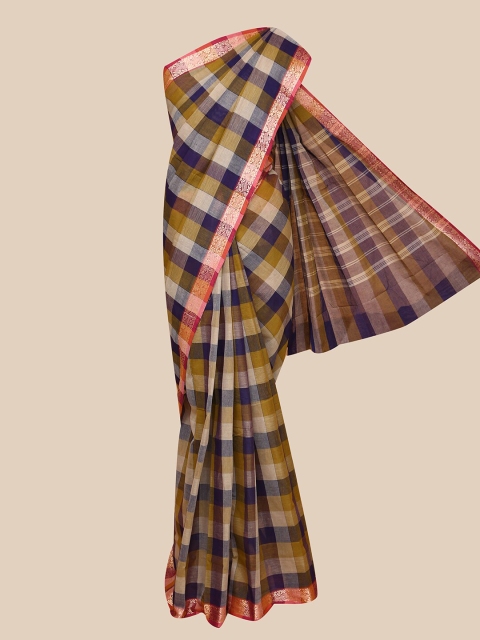 

The Chennai Silks Olive Green & Blue Checked Pure Cotton Chettinad Saree