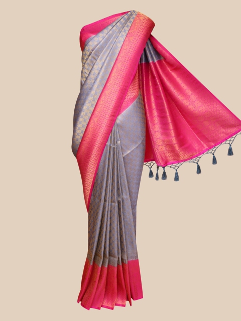 

The Chennai Silks Grey & Pink Ethnic Motifs Zari Organza Banarasi Saree