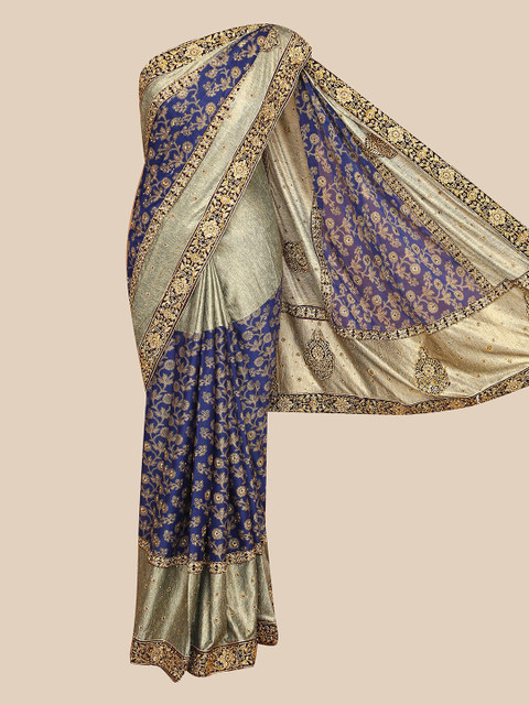 

The Chennai Silks Navy Blue & Gold Embellished Beads and Stones Heavy Work Saree