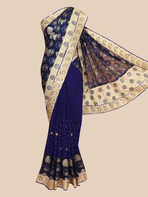 

The Chennai Silks Navy Blue & Gold-Toned Floral Sequinned Heavy Work Saree