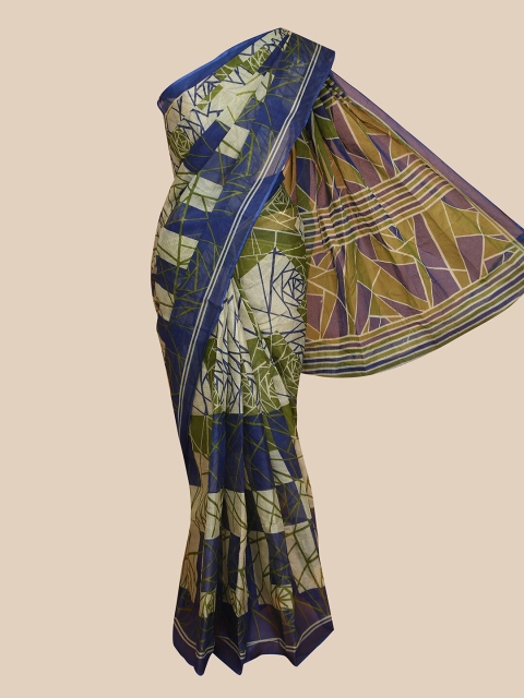 

The Chennai Silks Beige & Blue Pure Cotton Fusion Saree