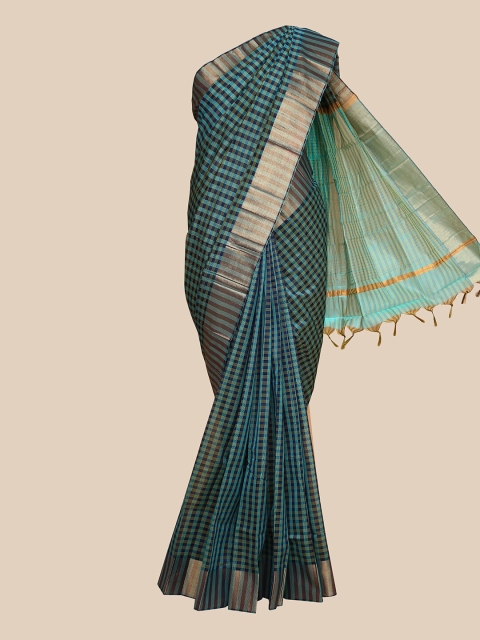 

The Chennai Silks Navy Blue & Gold-Toned Checked Saree