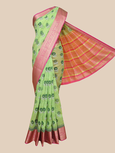 

The Chennai Silks Green & Pink Floral Zari Chanderi Saree
