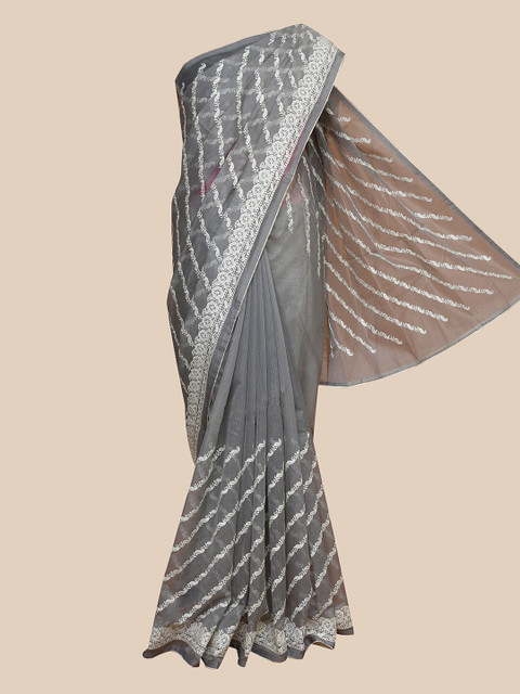 

The Chennai Silks Grey & White Paisley Embroidered Supernet Fusion Kota Saree