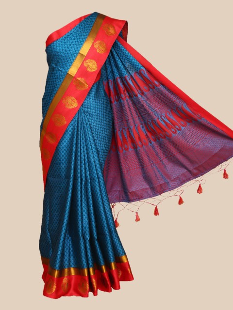 

The Chennai Silks Blue & Red Floral Zari Organza Banarasi Saree