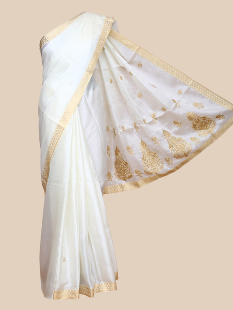 

The Chennai Silks Off White & Gold-Toned Embellished Zari Fusion Saree