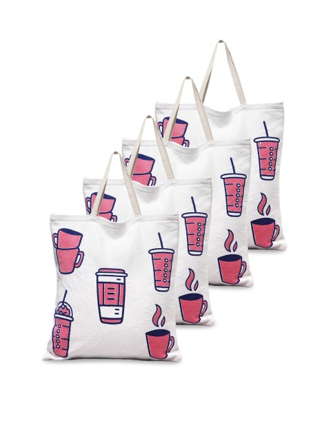 

KLOTTHE Set Of 4 White Printed Oversized Shopper Tote Bag with Applique
