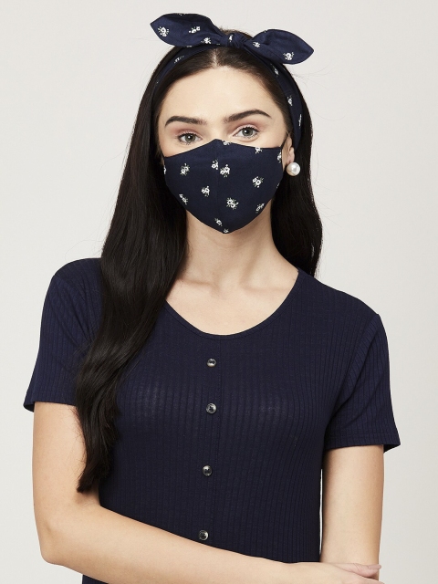 

Ginger by Lifestyle Women Navy Blue & White Floral Printed 2-Ply Reusable Cotton Cloth Mask With Hairband