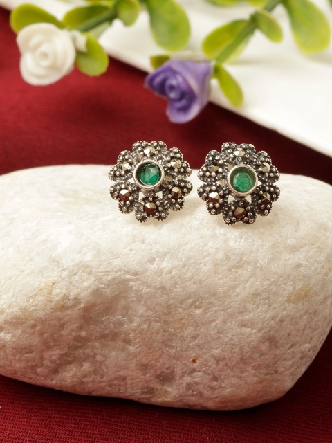

GIVA Women Silver Green Rhodium-Plated Oxidised Floral Contemporary Studs Earrings
