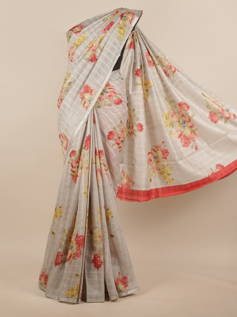 

Pothys Off White & Red Floral Printed Jute Silk Saree