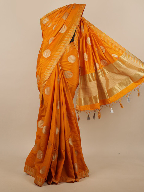 

Pothys Orange & Gold-Coloured Geometric Woven Design Zari Jute Silk Saree