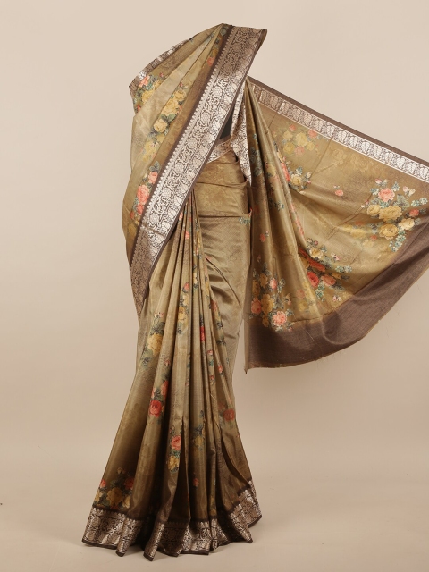 

Pothys Brown & Olive Green Floral Jute Silk Saree