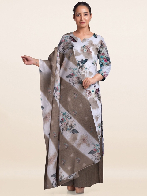 

Pothys Off White & Olive Green Printed Unstitched Dress Material