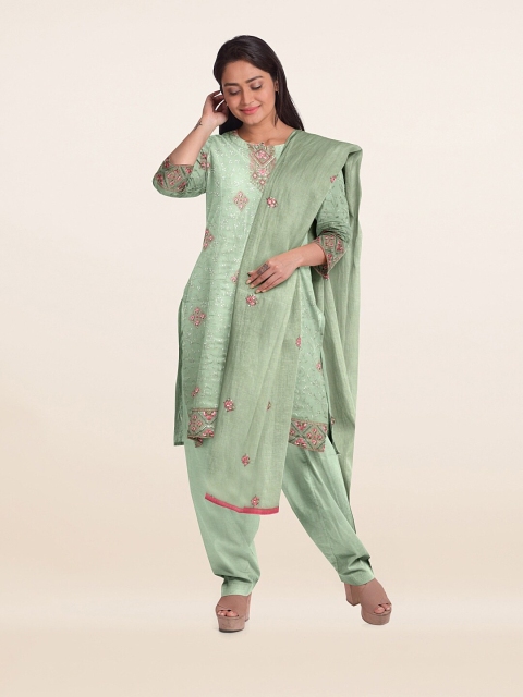 

Pothys Green & Pink Embroidered Satin Unstitched Dress Material