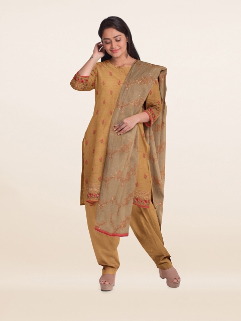 

Pothys Mustard & Red Embroidered Unstitched Dress Material