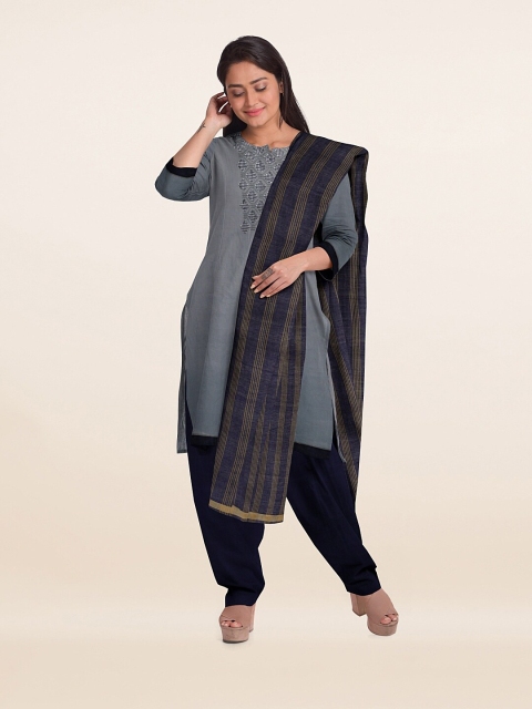 

Pothys Grey & Blue Embroidered Unstitched Dress Material