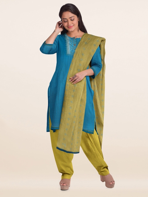 

Pothys Blue & Yellow Embroidered Unstitched Dress Material