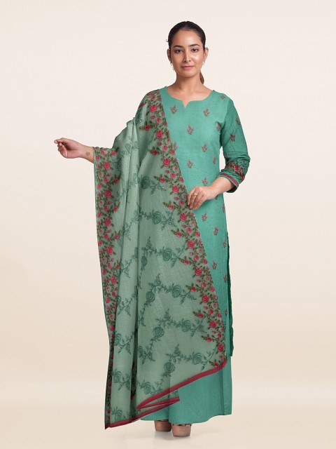 

Pothys Sea Green & Red Embroidered Unstitched Dress Material